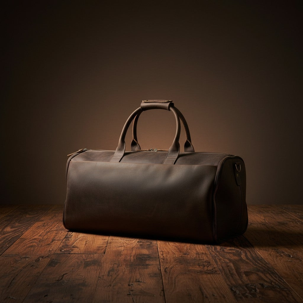 Brown leather duffel bag on a wooden floor with a dark background
