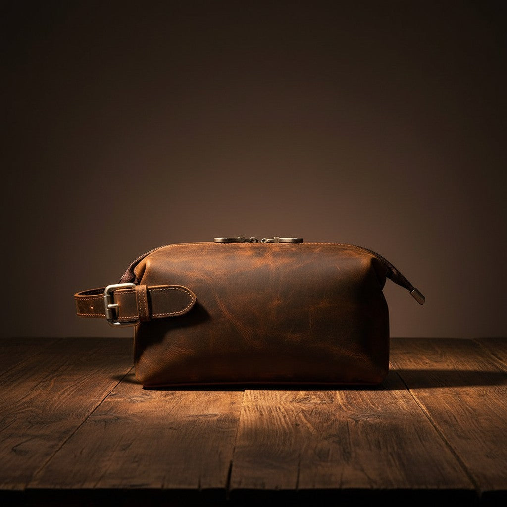 Barcon Getta Inc brown leather dopp kit with buckle strap and silver zipper. Multifunctional travel toiletry bag.