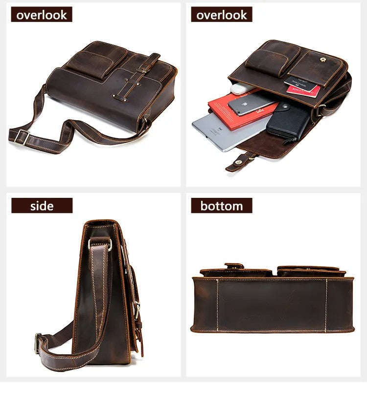 Barcon Getta Inc DISPATCH messenger bag, handmade from dark brown full grain Ethiopian leather with multiple pockets and adjustable strap.