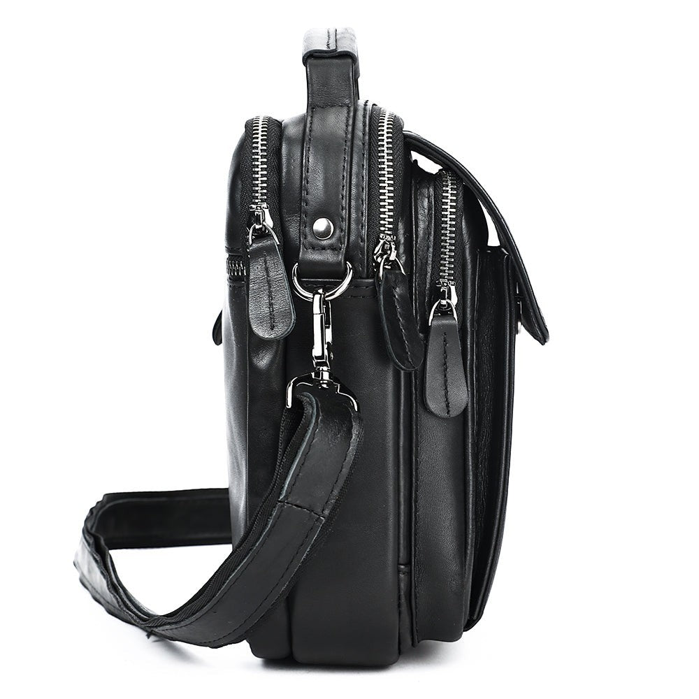 Barcon Getta Inc black full grain Ethiopian leather mini shoulder bag with multiple zipper pockets and adjustable strap.
