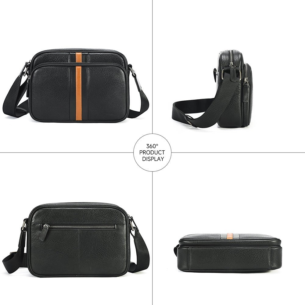 Barcon Getta Inc MetroClip black full grain leather shoulder bag with orange stripe detail and multiple zipper pockets.
