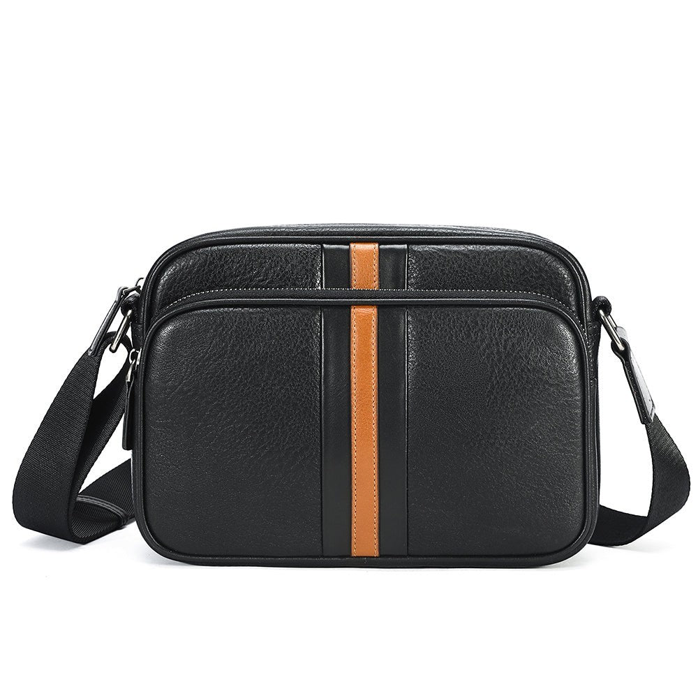 Barcon Getta Inc black full grain leather shoulder bag with tan stripe detail and adjustable strap.