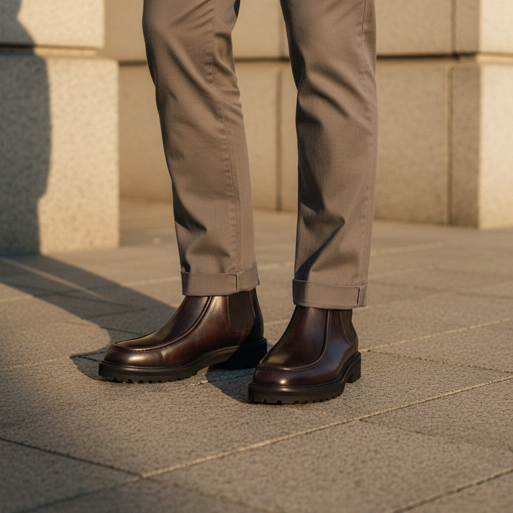 Barcon Getta Inc PRAIA VERDE dark brown full grain calf leather chelsea boots with elastic side panels and a square toe.