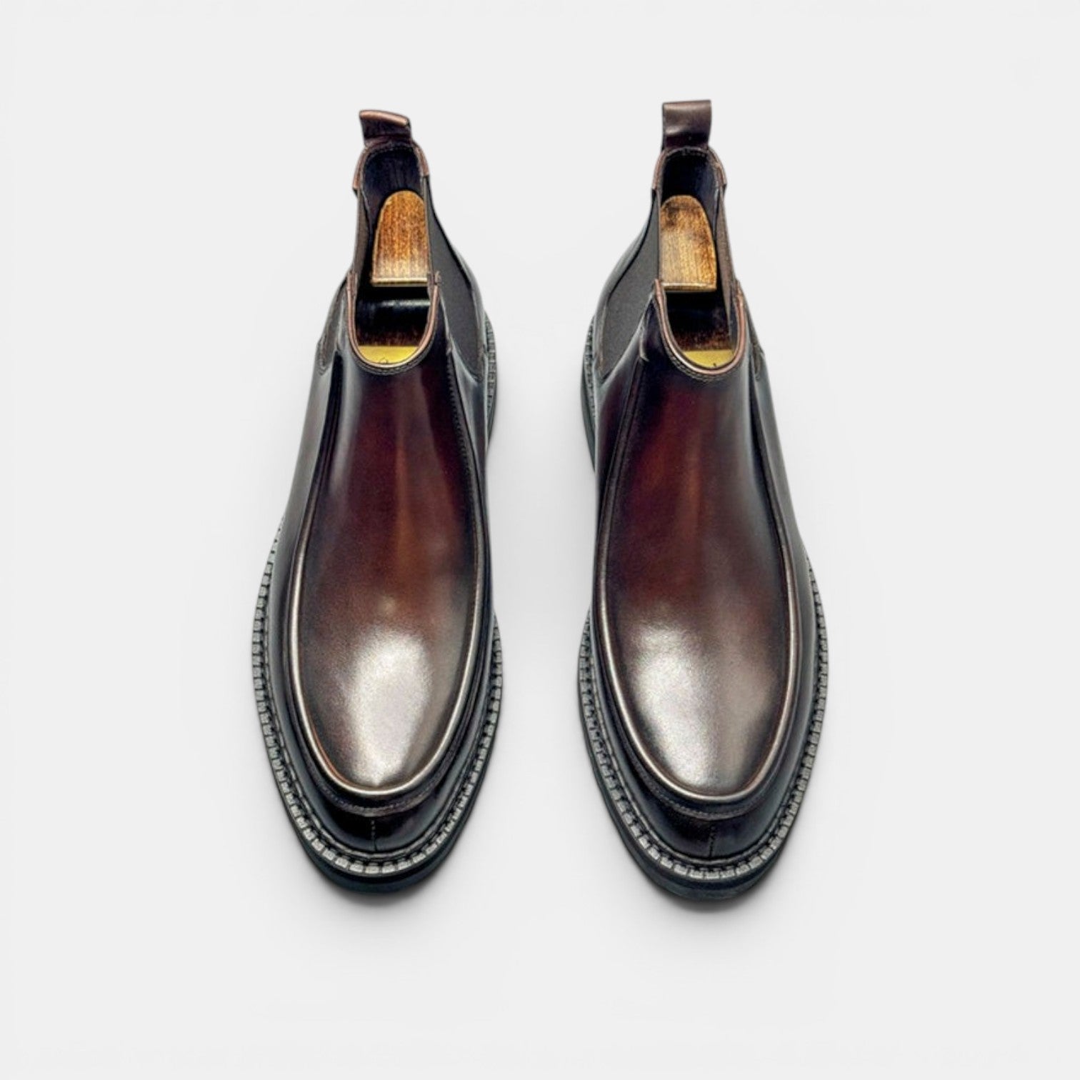 Barcon Getta Inc PRAIA VERDE dark brown leather Chelsea boots with squared toe and lug sole.