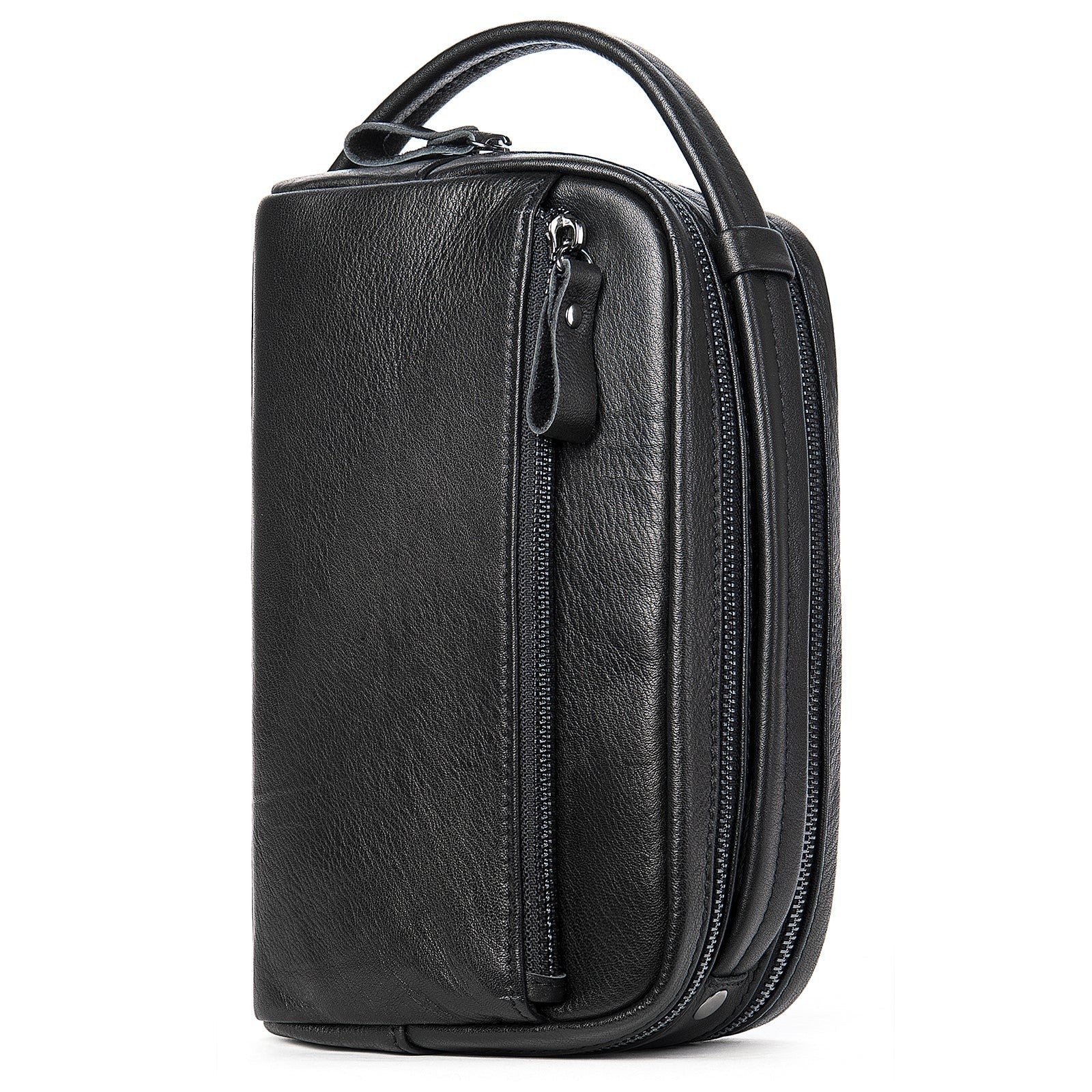 Barcon Getta black leather wash kit with multiple zippered compartments and top handle.