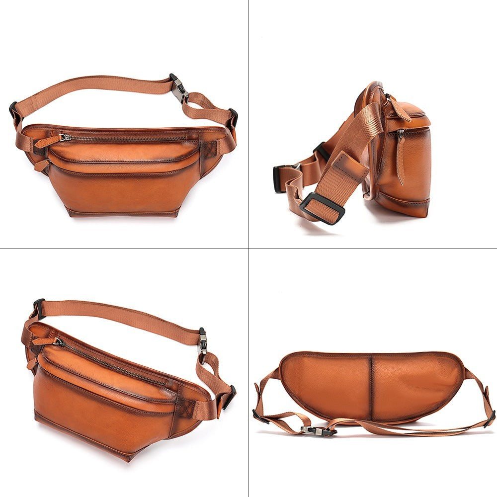 Barcon Getta Inc TANGIER tan genuine leather fanny pack with adjustable strap and zippered compartments.