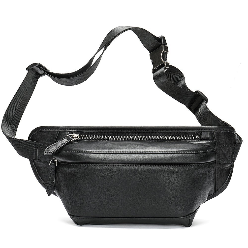 Barcon Getta Inc black Ethiopian leather fanny bag with multiple carrying styles, main and sub-zipper pockets.