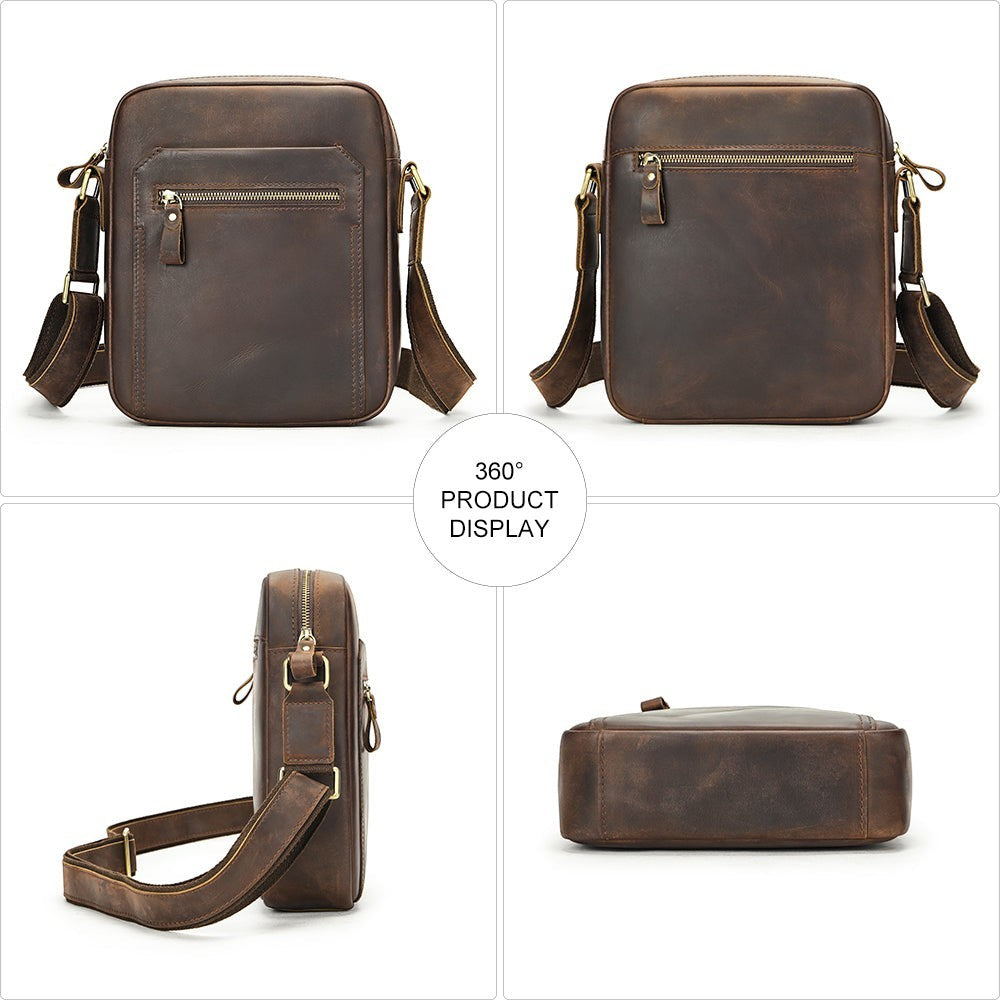Barcon Getta Inc dark brown full grain leather TRACKSIDE shoulder bag with multiple pockets and adjustable strap.