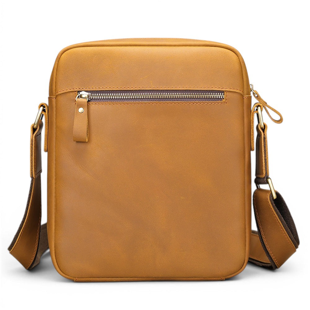 Barcon Getta Inc tan brown full grain leather TRACKSIDE shoulder bag with multiple pockets and adjustable strap.