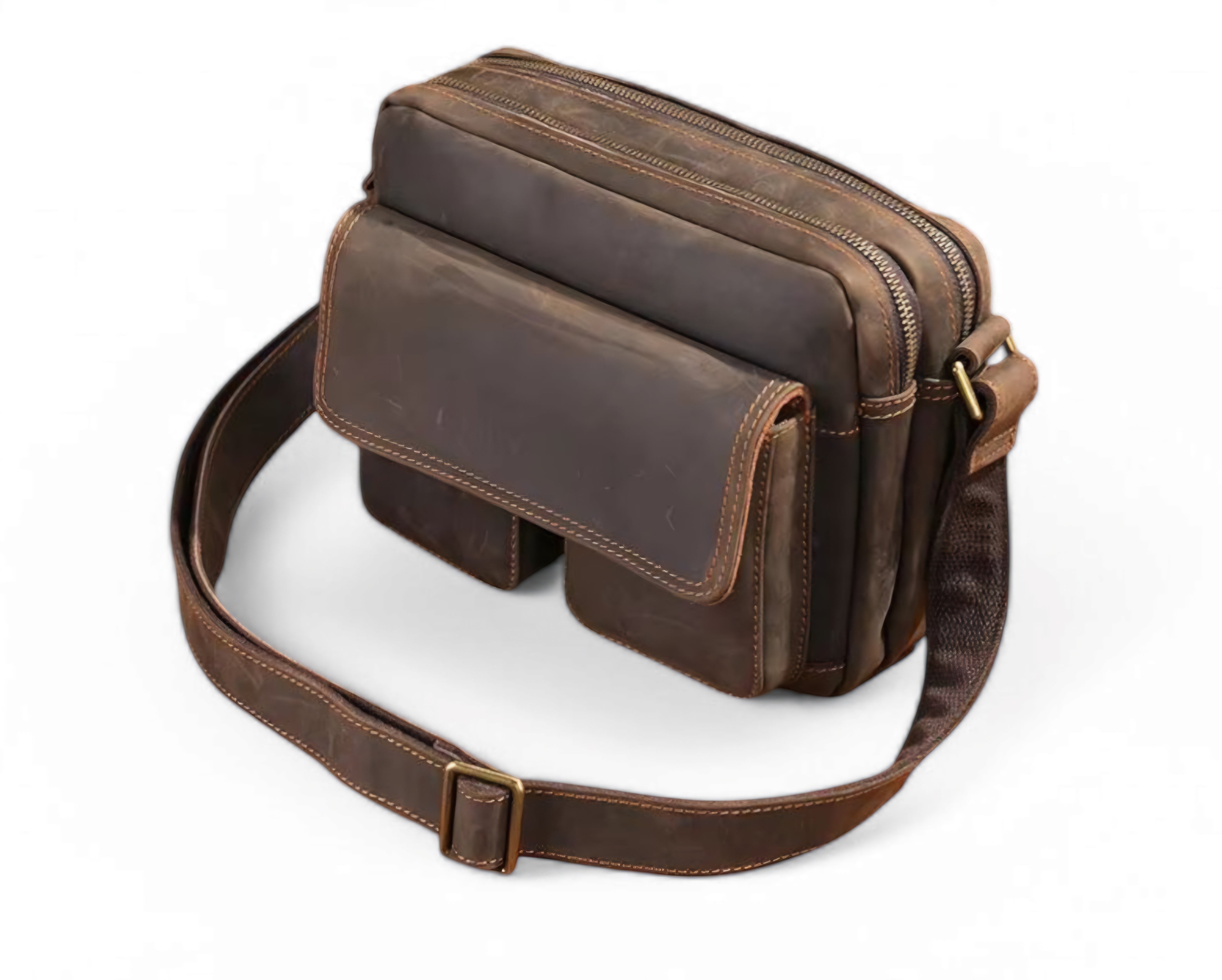 Barcon Getta Inc TWINFOLD shoulder bag in dark brown full grain leather with multiple pockets and adjustable strap.