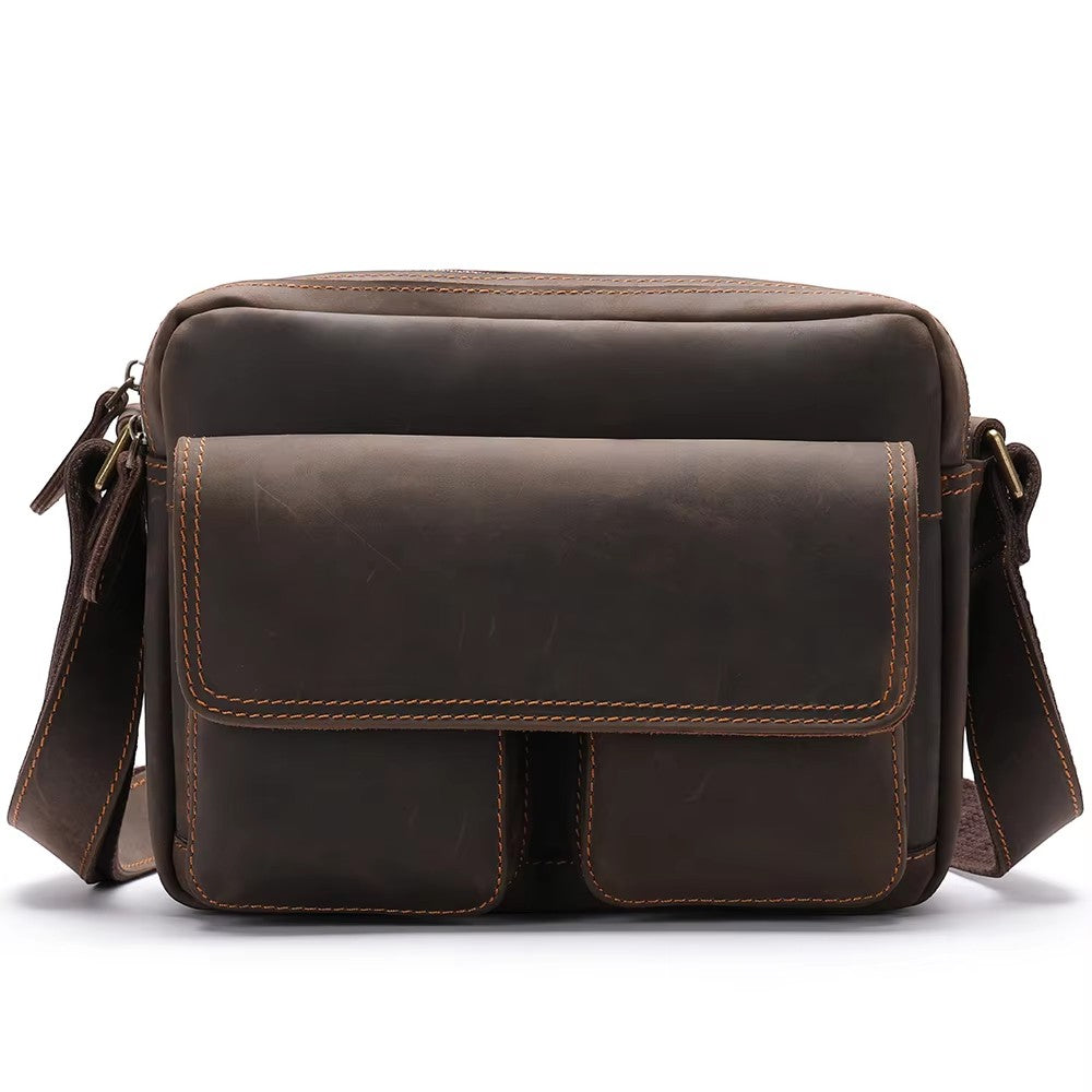 Barcon Getta Inc TWINFOLD dark brown full grain leather shoulder bag with multiple pockets and adjustable strap.