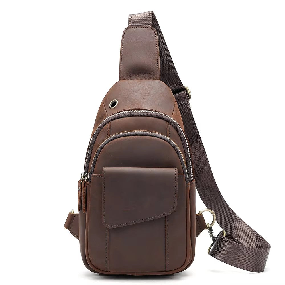 Barcon Getta Inc brown leather cross-body bag with adjustable strap and multiple compartments.