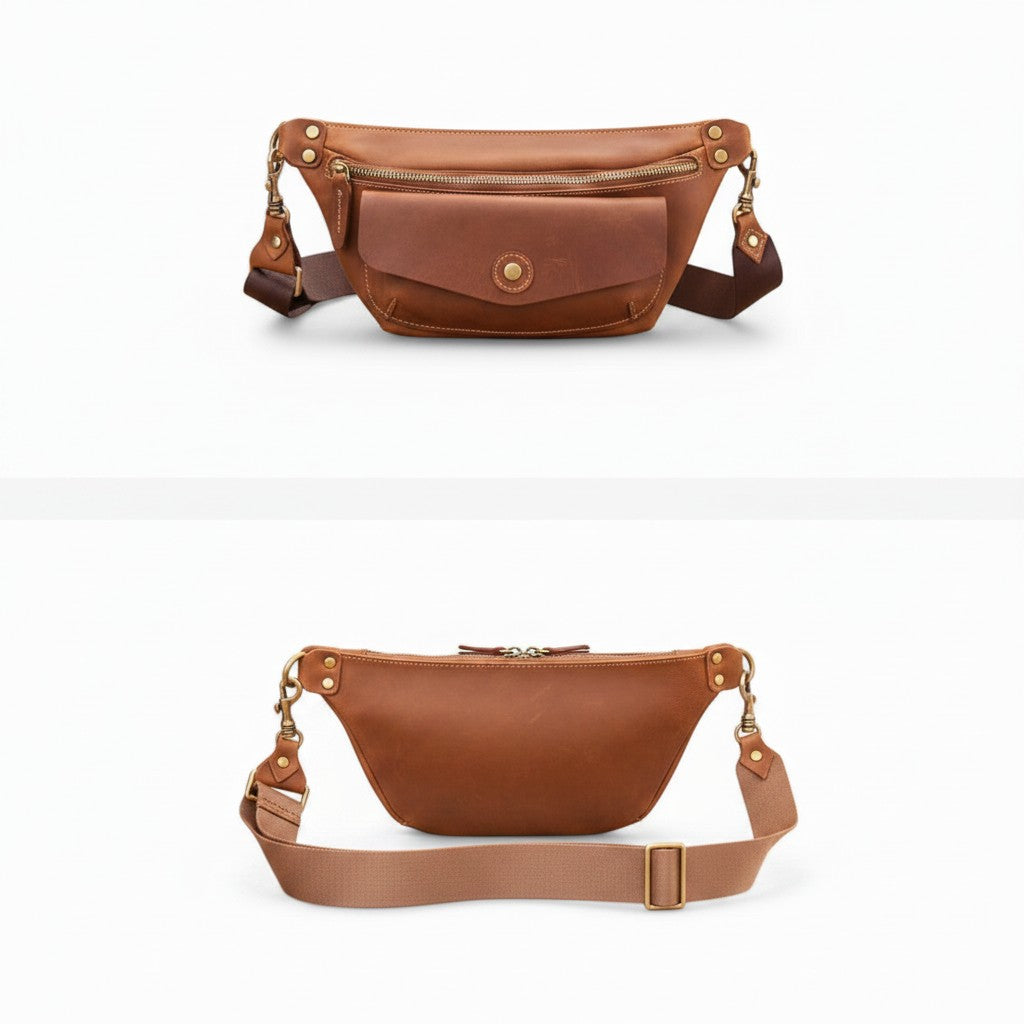 Barcon Getta Inc ARCBAND fanny bag in dark brown full grain Ethiopian leather with multiple pockets and adjustable strap.