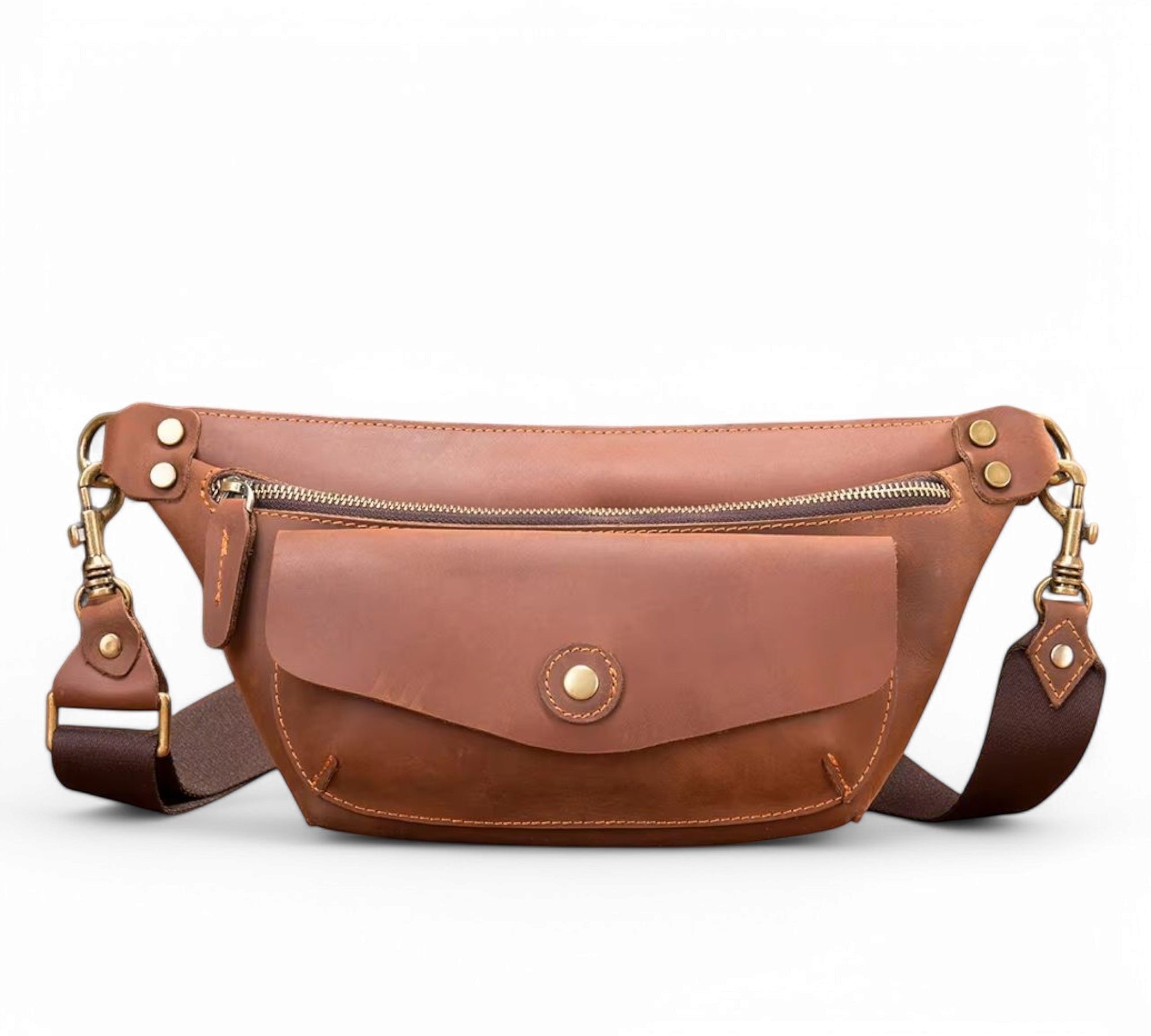 Barcon Getta Inc ARCBAND fanny bag in brown full grain Ethiopian leather with multiple pockets and adjustable strap.
