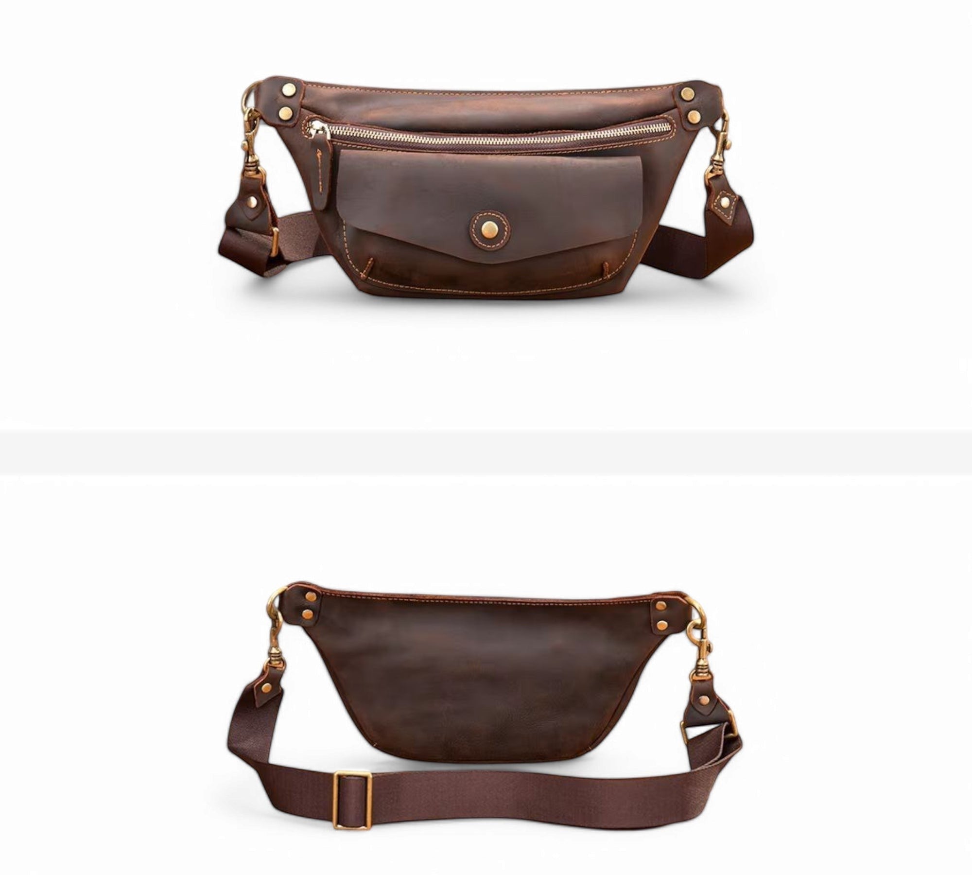 Barcon Getta Inc ARCBAND dark brown full grain leather fanny bag with multiple pockets and adjustable strap.