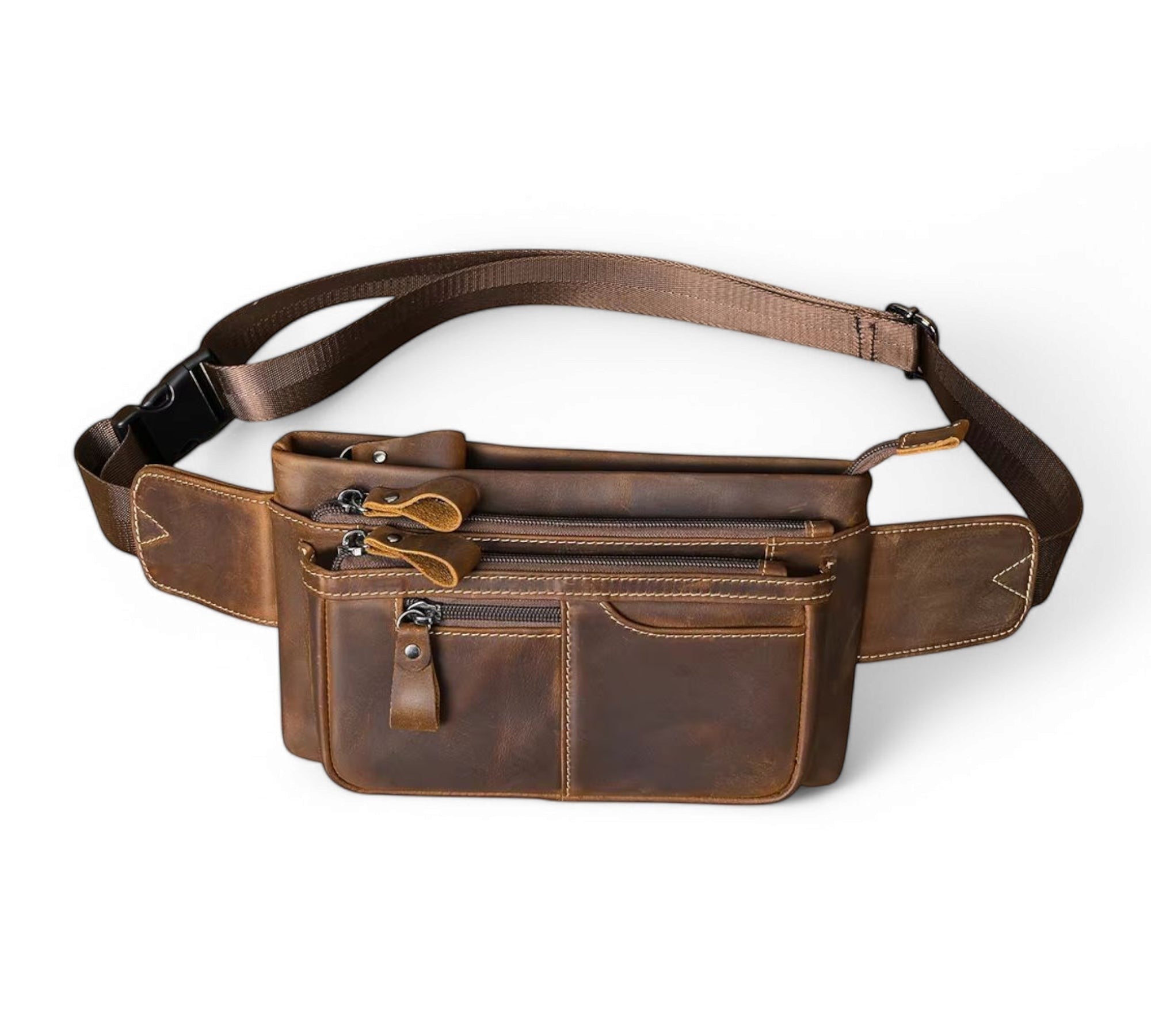 Barcon Getta Inc BELTCRAFT fanny bag in brown full grain leather with multiple zipper pockets and adjustable strap.