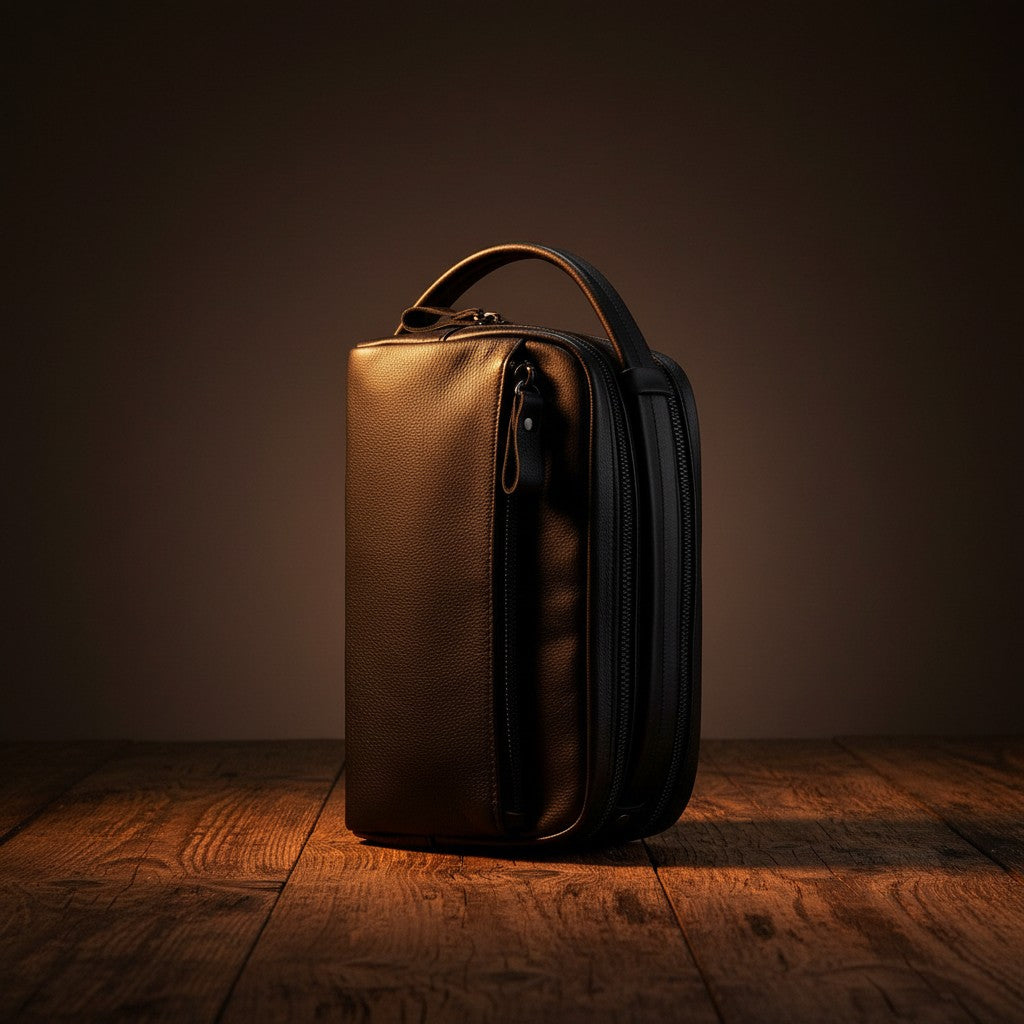 Barcon Getta black leather wash kit with multiple zippered compartments and top handle.