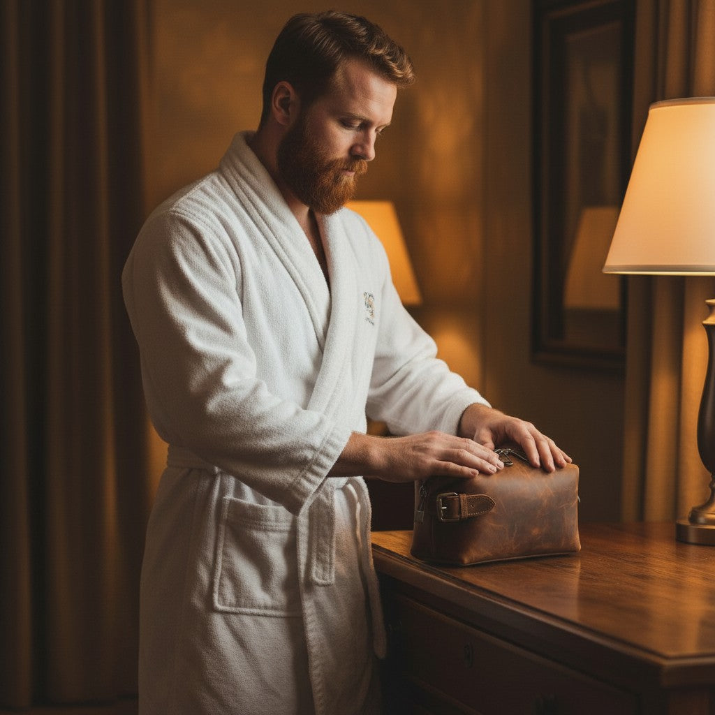 Barcon Getta Inc brown leather dopp kit with buckle detail, held by a man in a white t-shirt.