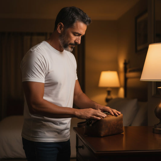 Barcon Getta Inc brown distressed leather dopp kit with buckle strap and zipper, ideal for travel.