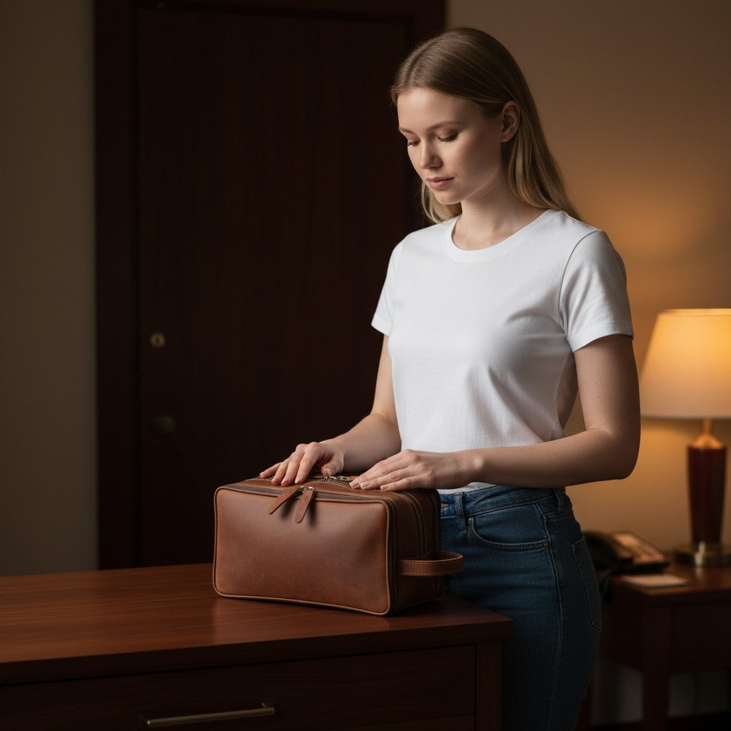 Barcon Getta Inc brown leather travel toiletry bag with three zippered compartments and a side handle.