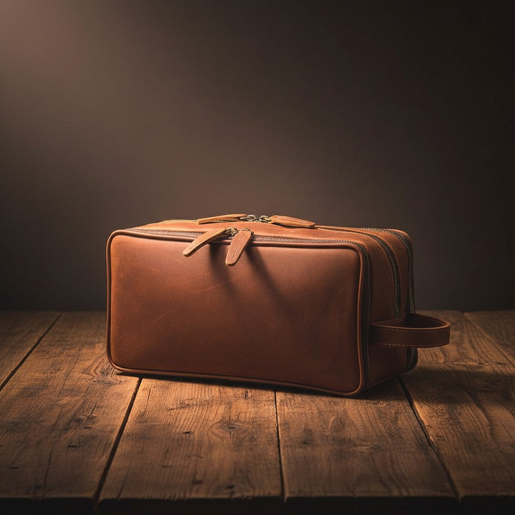 Barcon Getta Inc brown leather travel kit with three zippered compartments and a side handle.