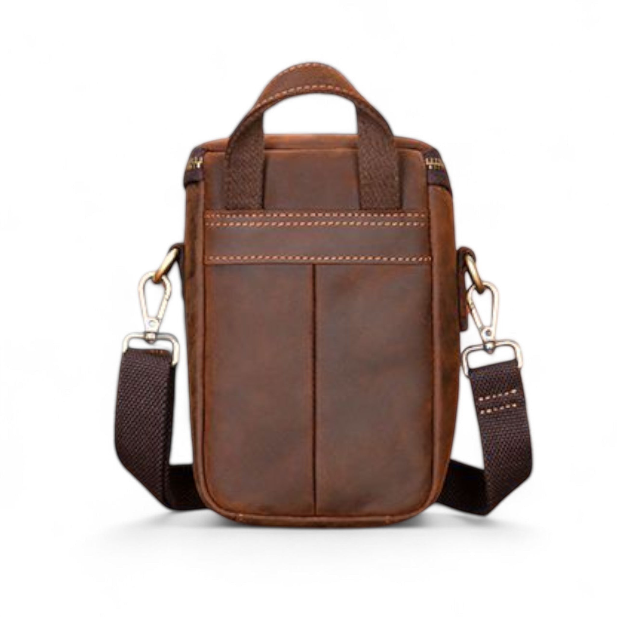 Barcon Getta Inc brown full grain leather crossbody shoulder bag with top handle and adjustable strap.