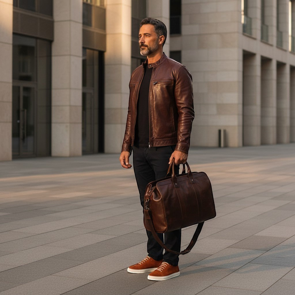 Barcon Getta The Diplomat Duffel, a handmade brown full grain leather travel bag with a spacious interior and comfortable handles.