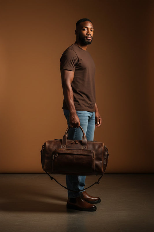 Man holding a brown leather bag against a brown background