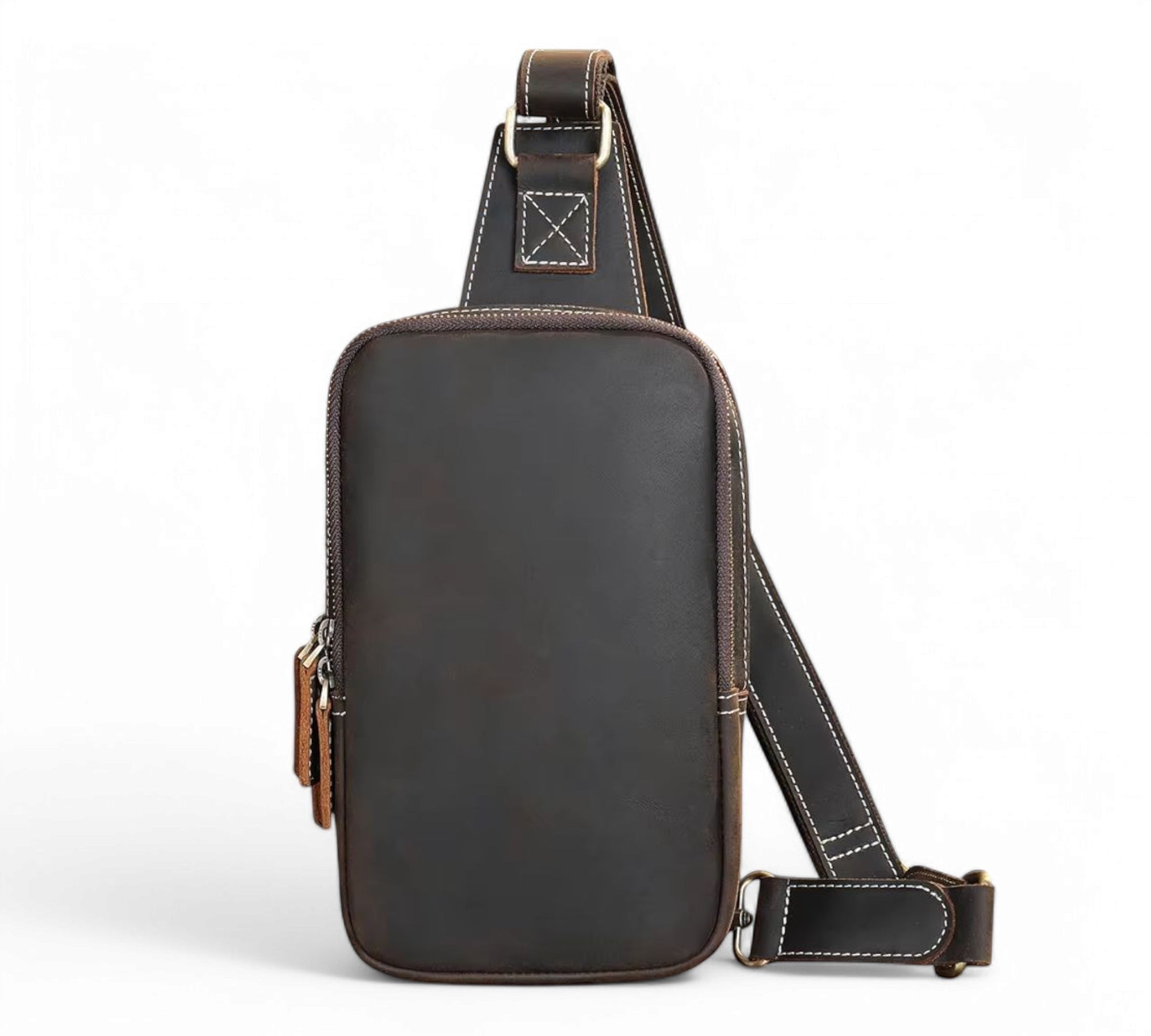 Barcon Getta Inc dark brown genuine leather cross-body bag with adjustable strap and multiple compartments.