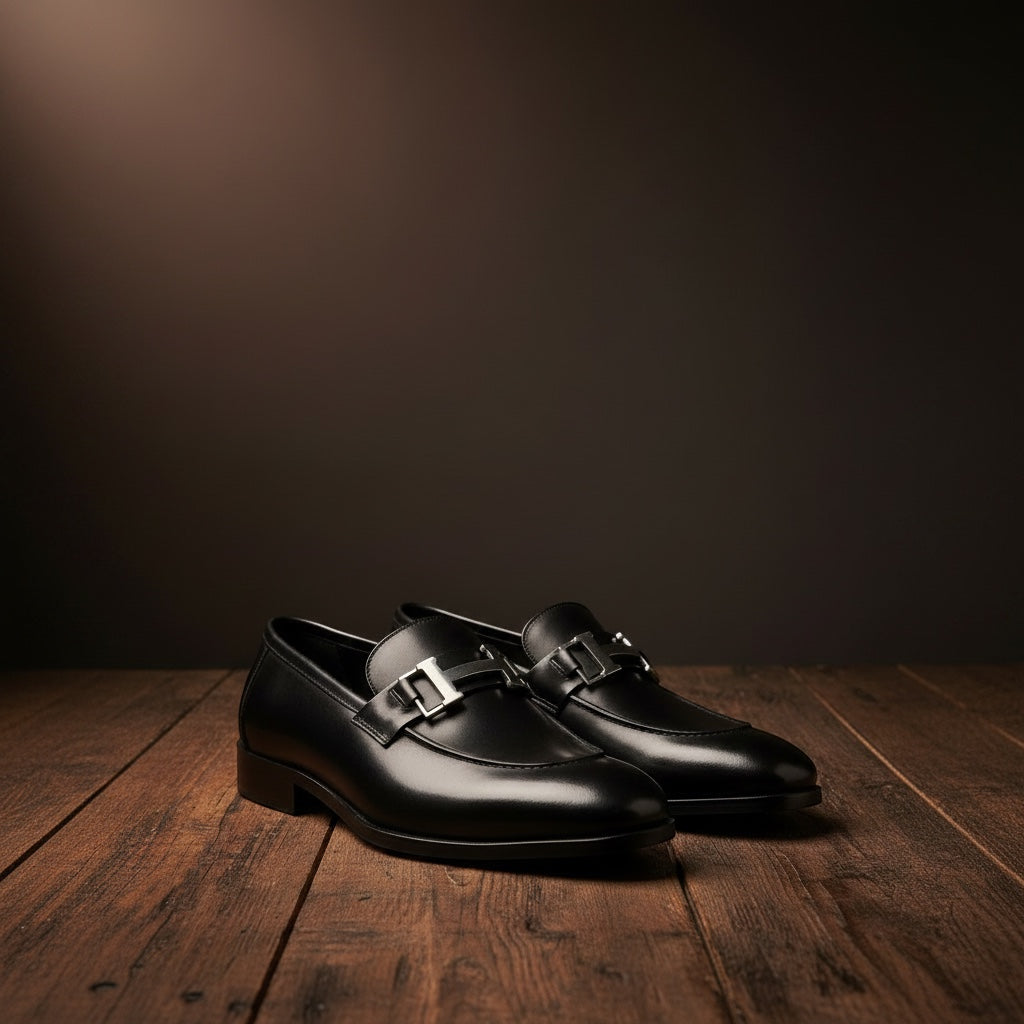 Pair of black leather shoes with buckles on a wooden surface and dark background