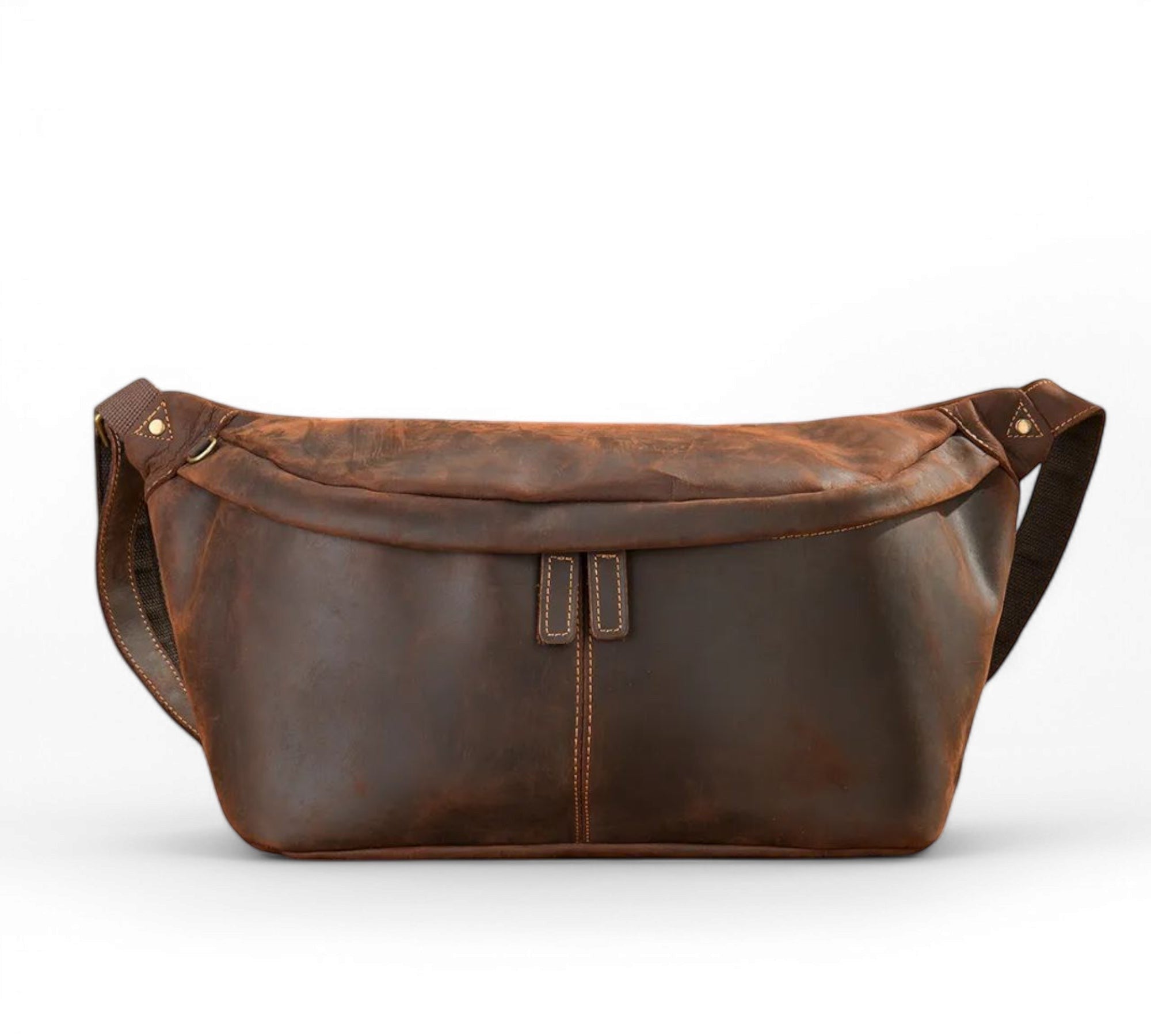 Barcon Getta Inc dark brown genuine leather cross-body bag with adjustable strap and multiple compartments.