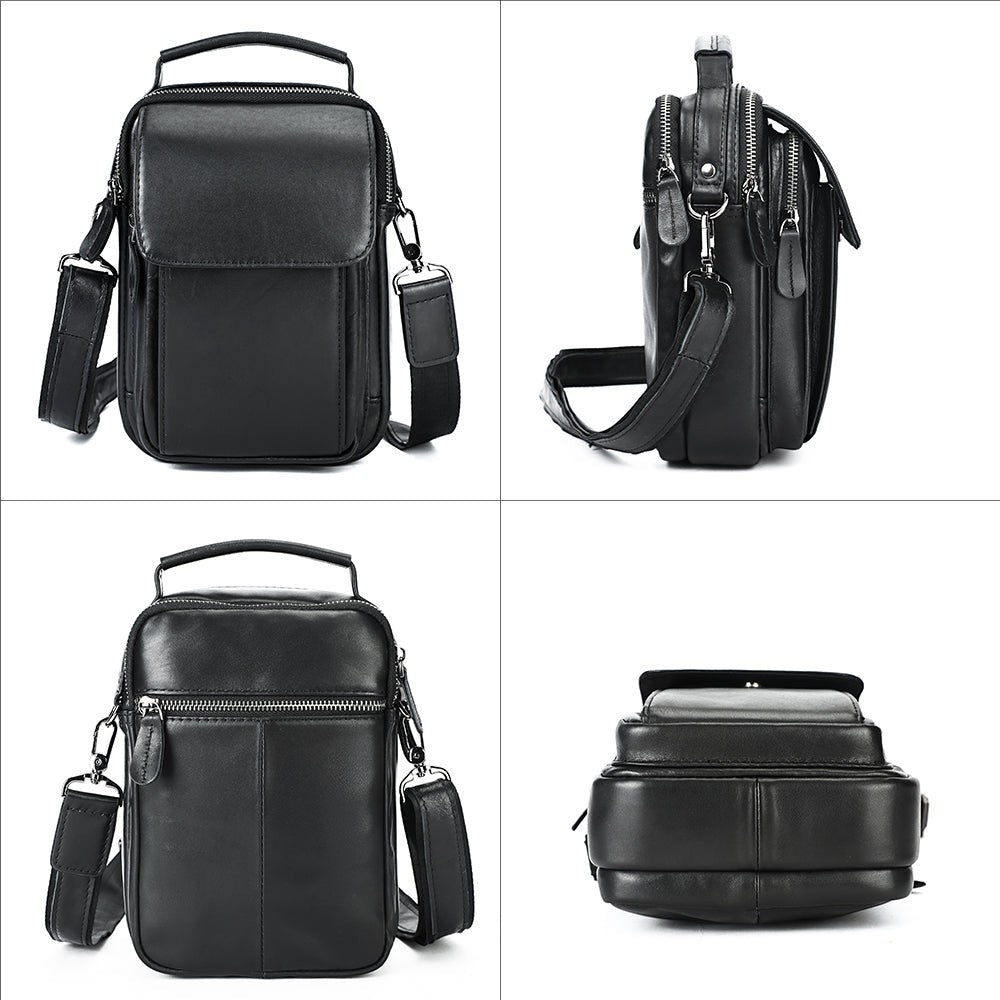 Barcon Getta Inc black full grain leather mini shoulder bag with top handle and multiple compartments.