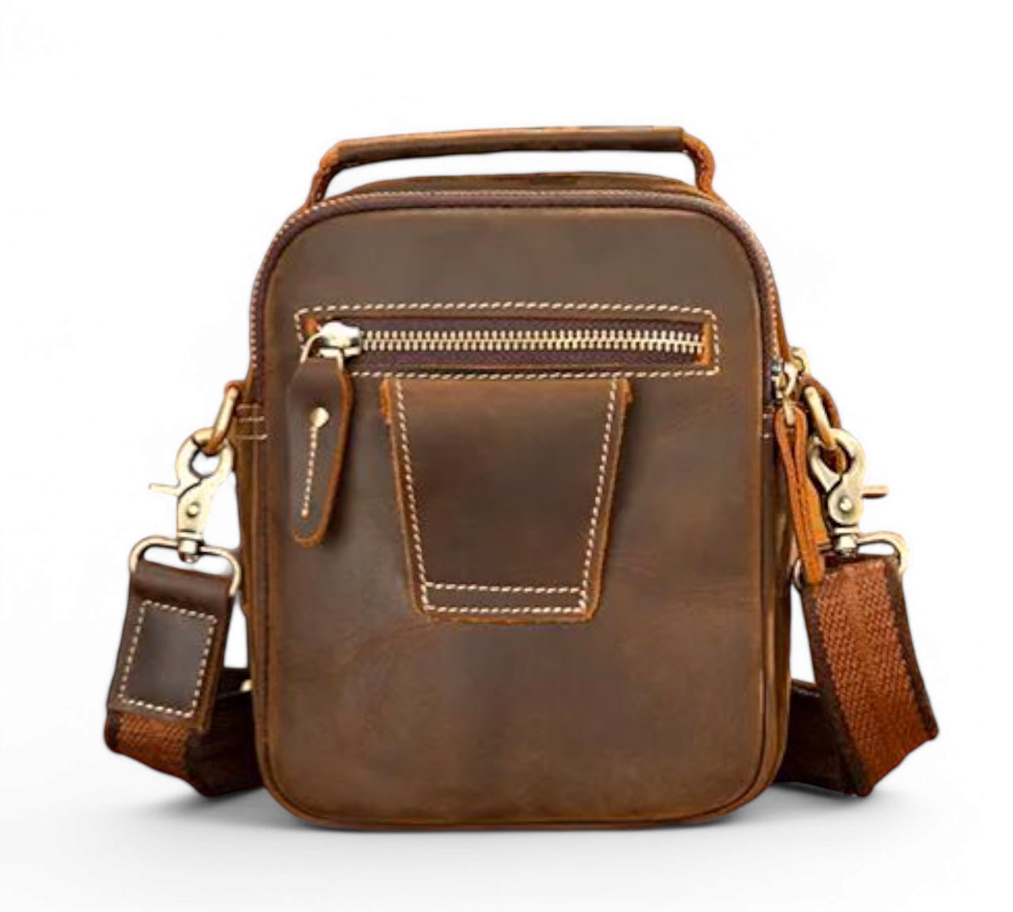 Barcon Getta Inc brown full grain leather crossbody bag with multiple zipper pockets and adjustable strap.