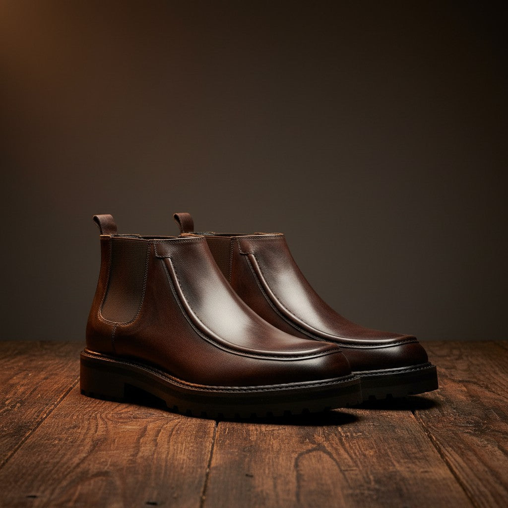 Barcon Getta Inc PRAIA VERDE dark brown full grain calf leather chelsea boots with elastic side panels and a square toe.