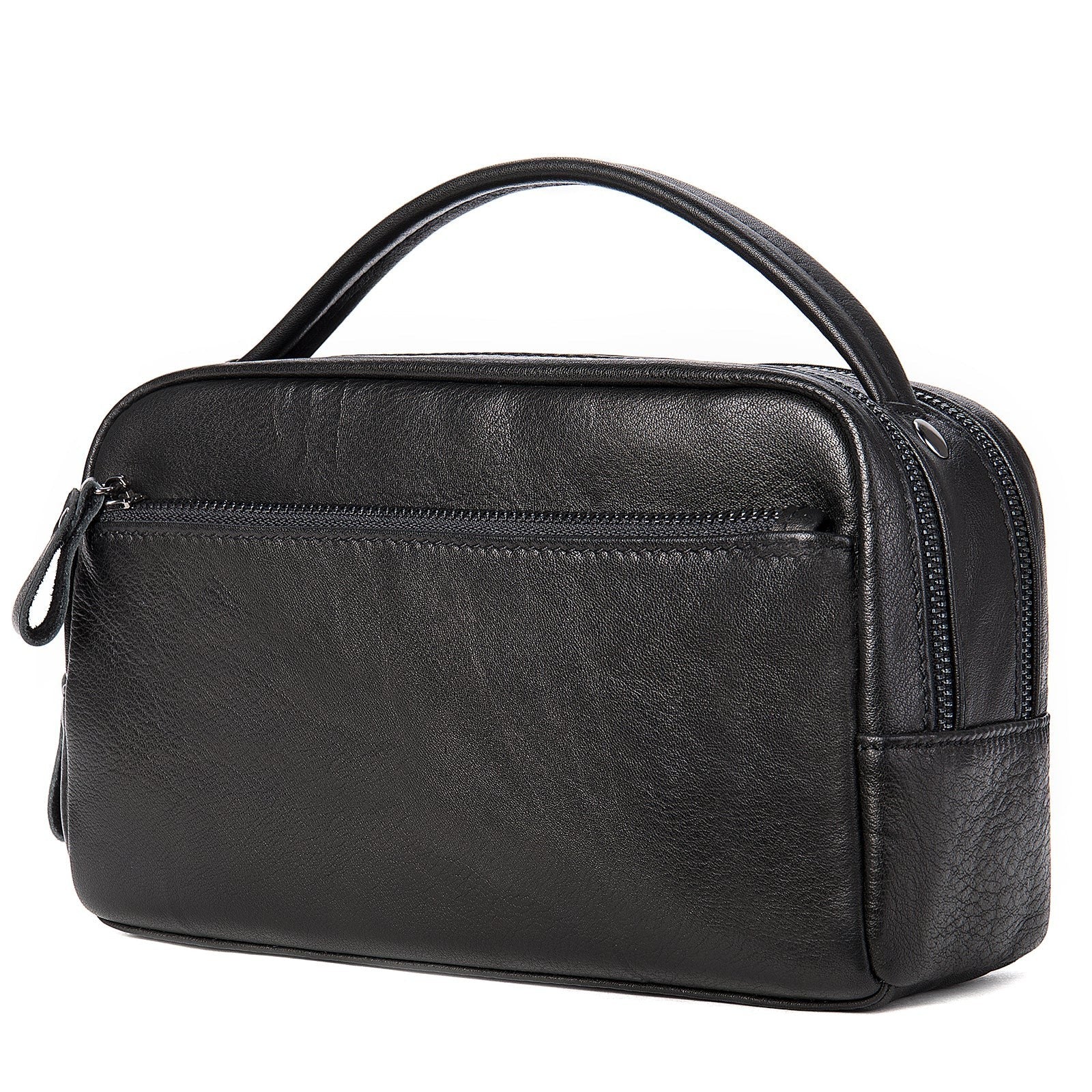 Barcon Getta black Ethiopian leather toiletry bag with top handle and multiple zippered pockets.