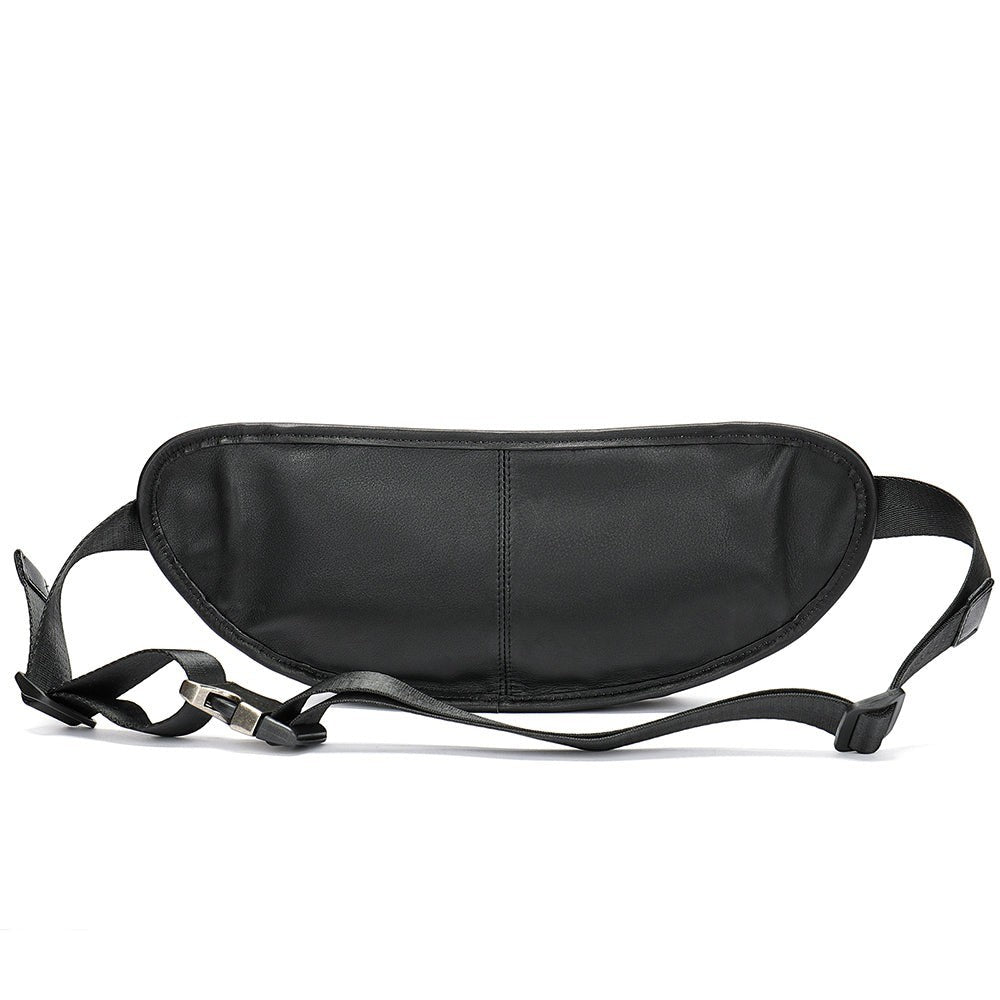 Barcon Getta Inc TANGIER black leather fanny pack with adjustable strap and buckle closure.