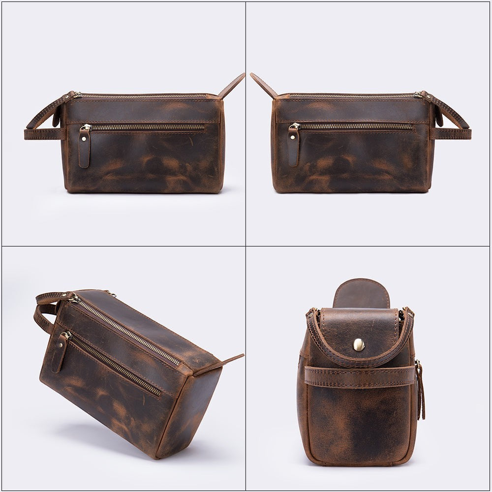 Barcon Getta Inc TERRAIN Dopp Case, dark brown distressed full grain leather toiletry bag with multiple zippered compartments and a top handle.