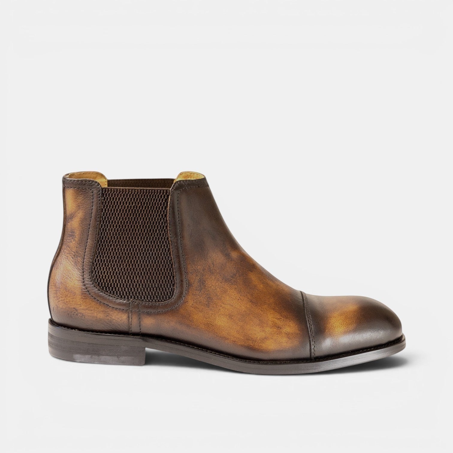 Barcon Getta Inc ADDIS ABABA chelsea boots in distressed brown full grain Ethiopian leather with elastic side panels.