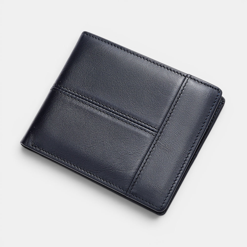 Barcon Getta Inc dark blue full grain leather bi-fold wallet with 8 card slots, coin slot, bill compartments, ID window, and anti-theft swipe.