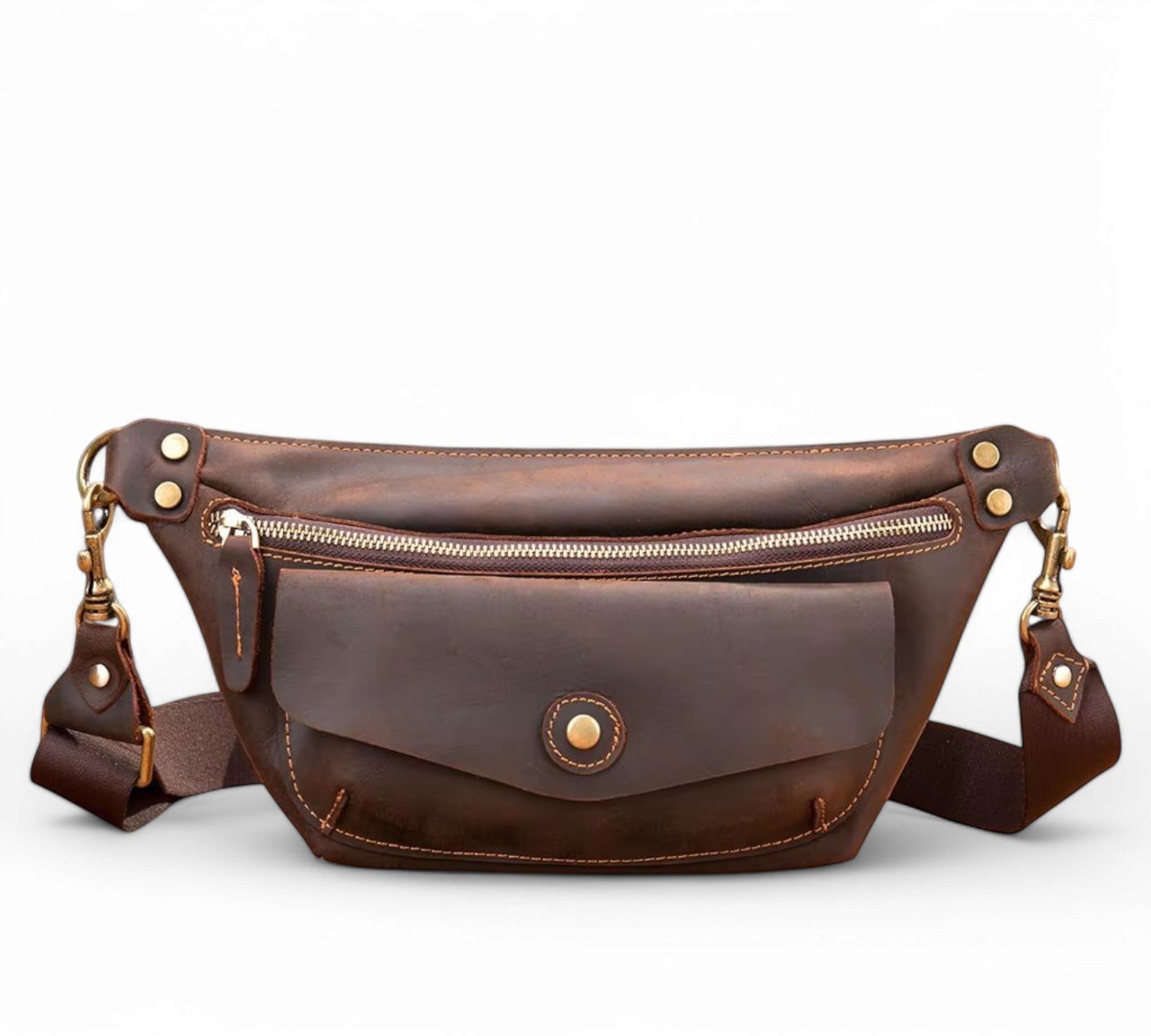 Barcon Getta Inc ARCBAND fanny bag in dark brown full grain Ethiopian leather with multiple pockets and adjustable strap.