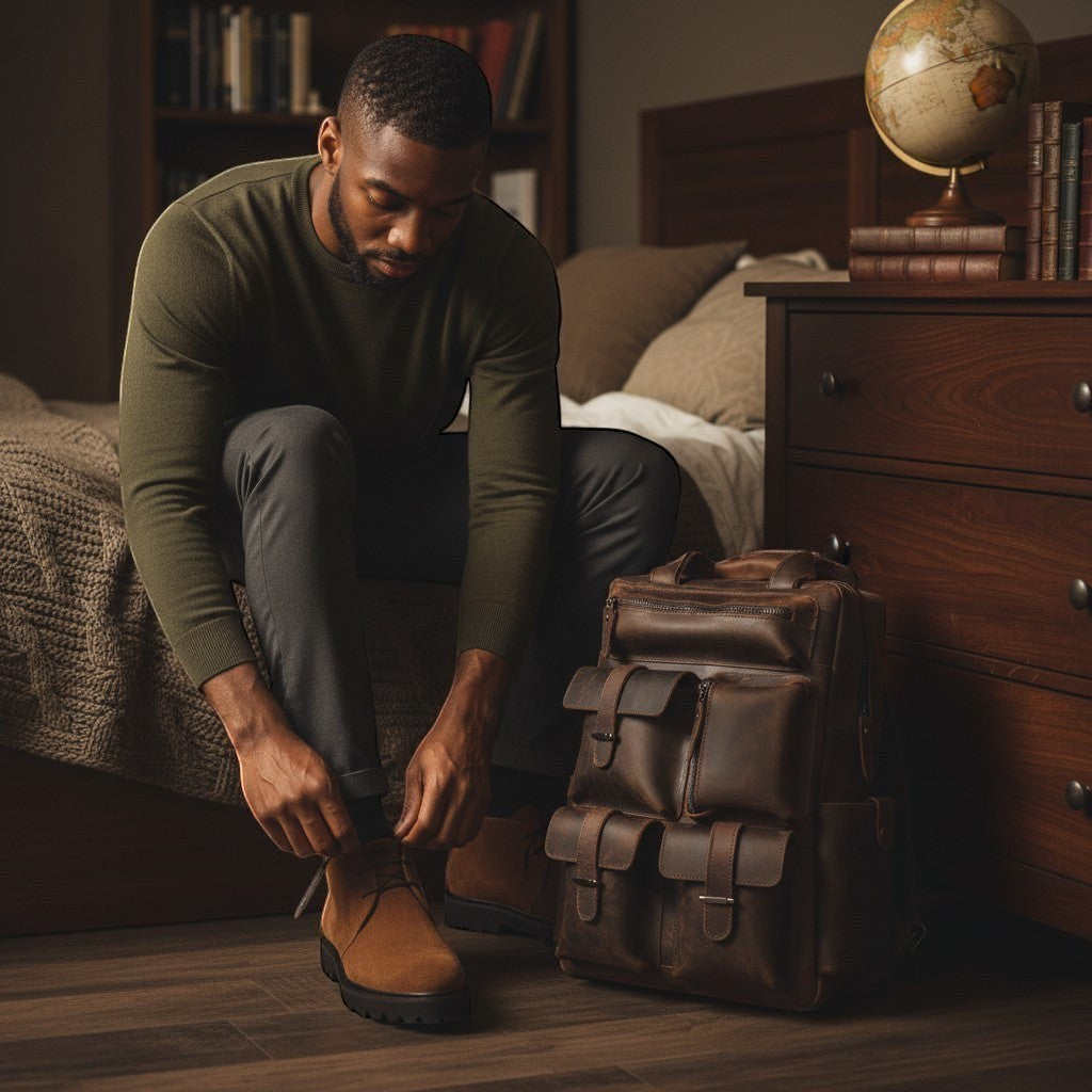 Barcon Getta Inc man tying brown suede chukka boots with lug sole, next to a brown leather backpack.
