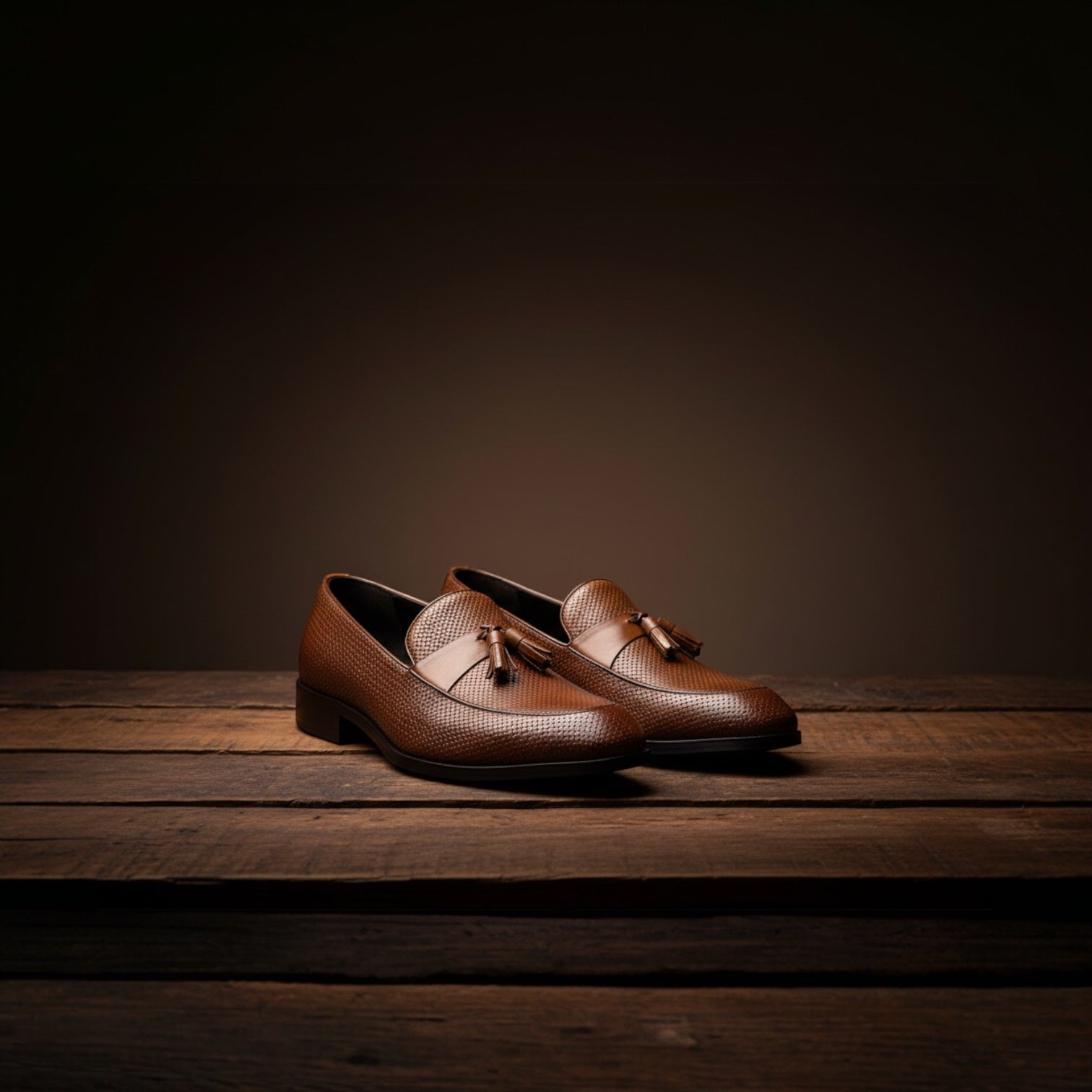 Barcon Getta Inc. BERBERA burnished tan full-grain leather hand-woven tassel loafers.
