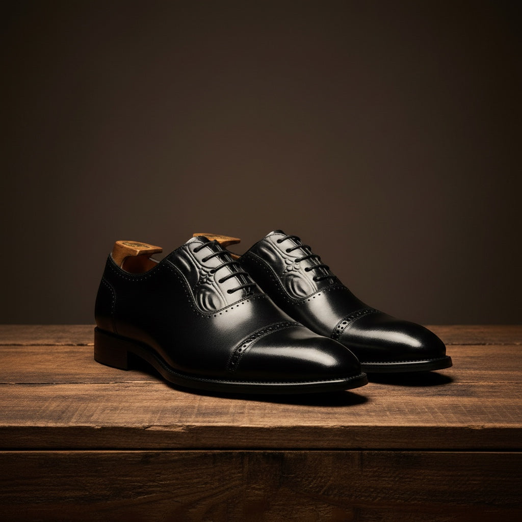 Barcon Getta Inc BISSAU classic black full grain leather cap toe Oxford dress shoes with brogue perforations and embossed tongue.