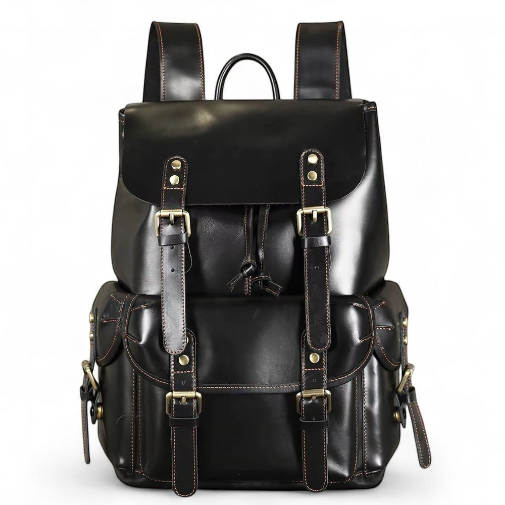 Barcon Getta Inc black leather backpack with drawstring closure, flap top, buckle straps, and exterior pockets.