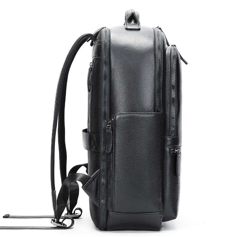 Barcon Getta Inc black pebbled leather backpack with multiple zippered pockets and padded straps. Fits up to 17" laptop.