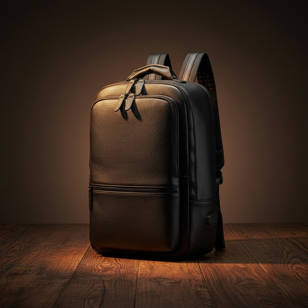 Barcon Getta Inc black Ethiopian leather backpack with breathable straps, laptop compartment, and trolley sleeve.