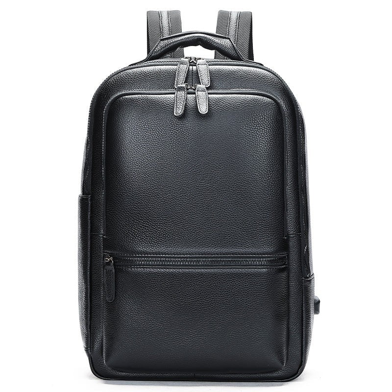 Barcon Getta Inc black Ethiopian leather backpack with breathable straps, front zipper pocket, and 17" laptop compartment.