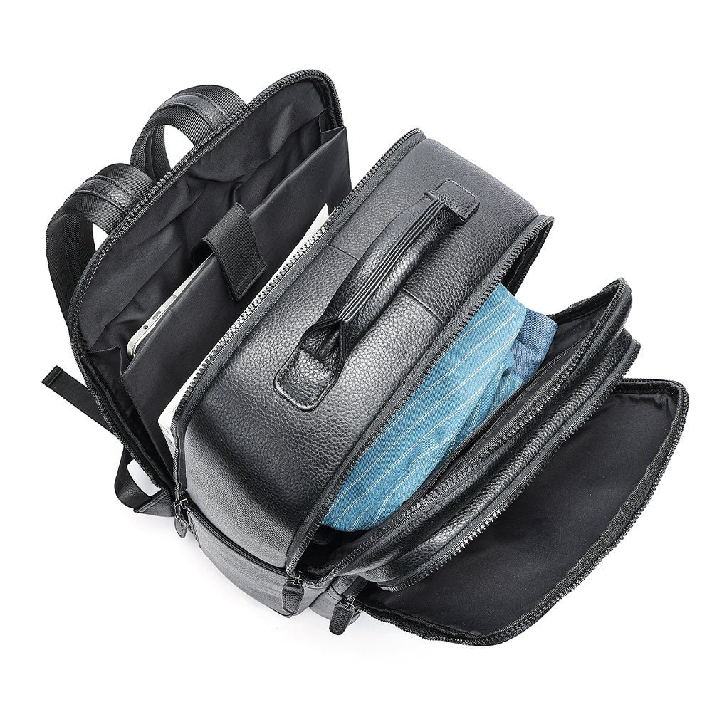 Barcon Getta Inc black Ethiopian leather backpack with multiple compartments, laptop sleeve, and trolley strap.