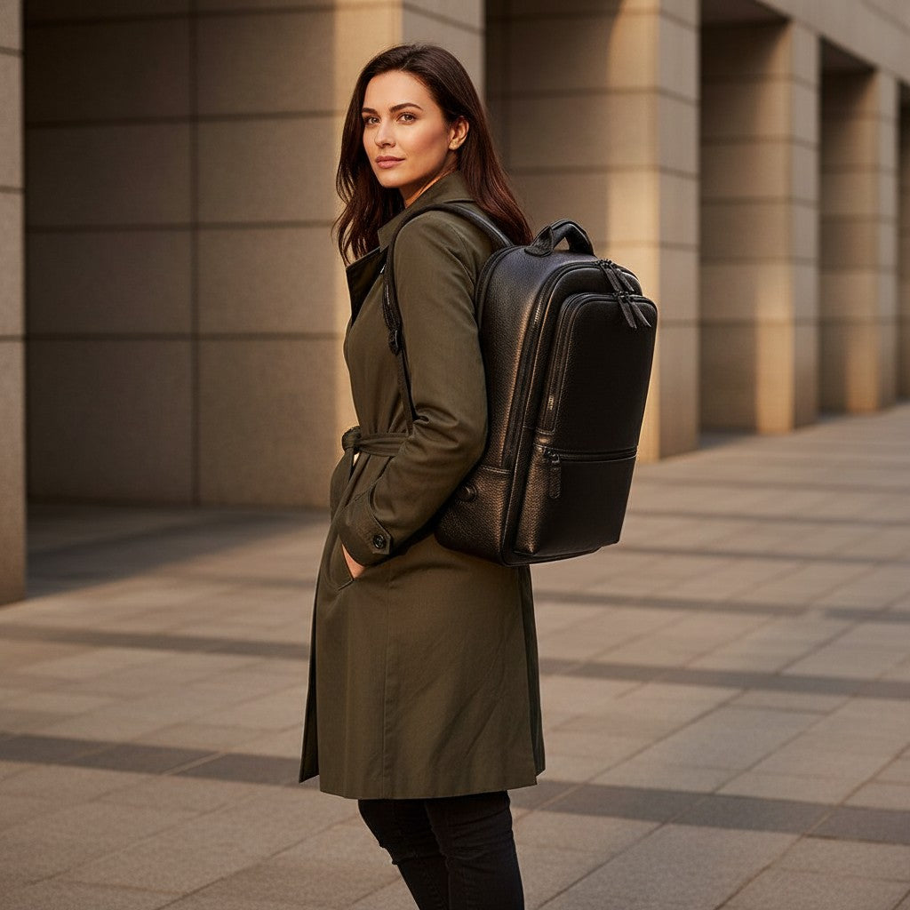 Barcon Getta Inc black Ethiopian leather backpack with breathable straps, fits up to 17" laptop.