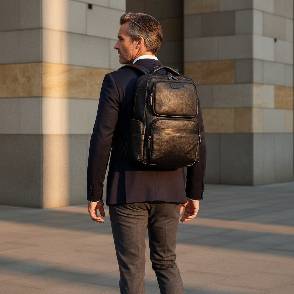 Barcon Getta Inc black full grain leather backpack with multiple zippered pockets and padded straps.